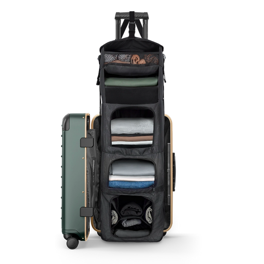 Open large jade green Carry-On Closet suitcase — travel luggage with closet compartments